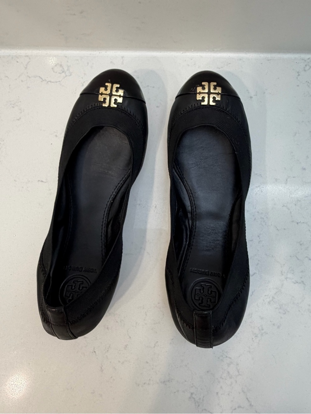 Tory Burch Black Leather Logo Cap-Toe Flats